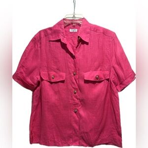 Vintage Chanel hot pink short sleeve linen button down shirt cc logo buttons 46